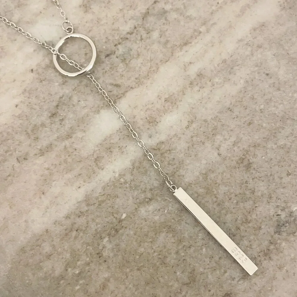 925 Sterling Silver Lariat Necklace Circle & Bar Drop Necklace Minimalist Chain